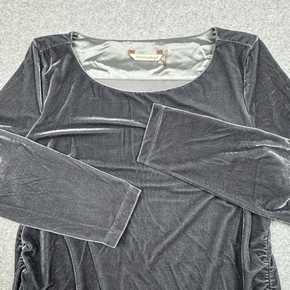 Soft Surroundings‎ Gray Velvet Tunic Top Medium Ruched Sides Long Sleeve Blouse